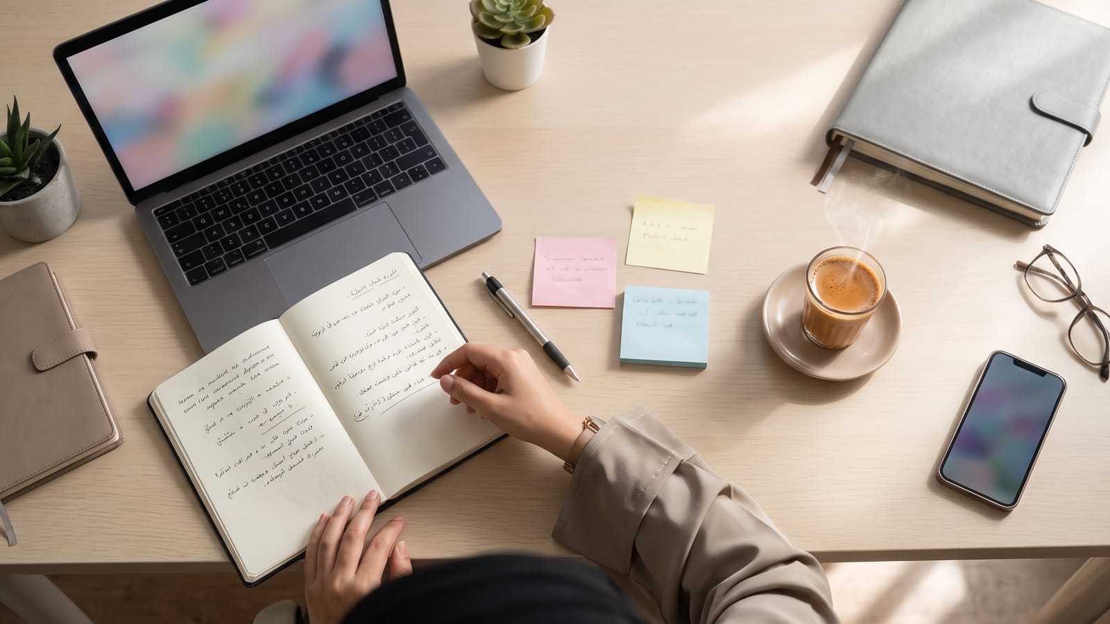 Marketer's desk with notebook, laptop and sticky notes, seen from above