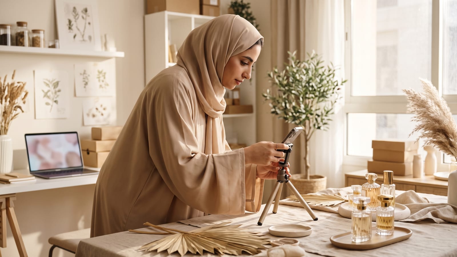 Young entrepreneur photographing perfume products for Instagram with her phone