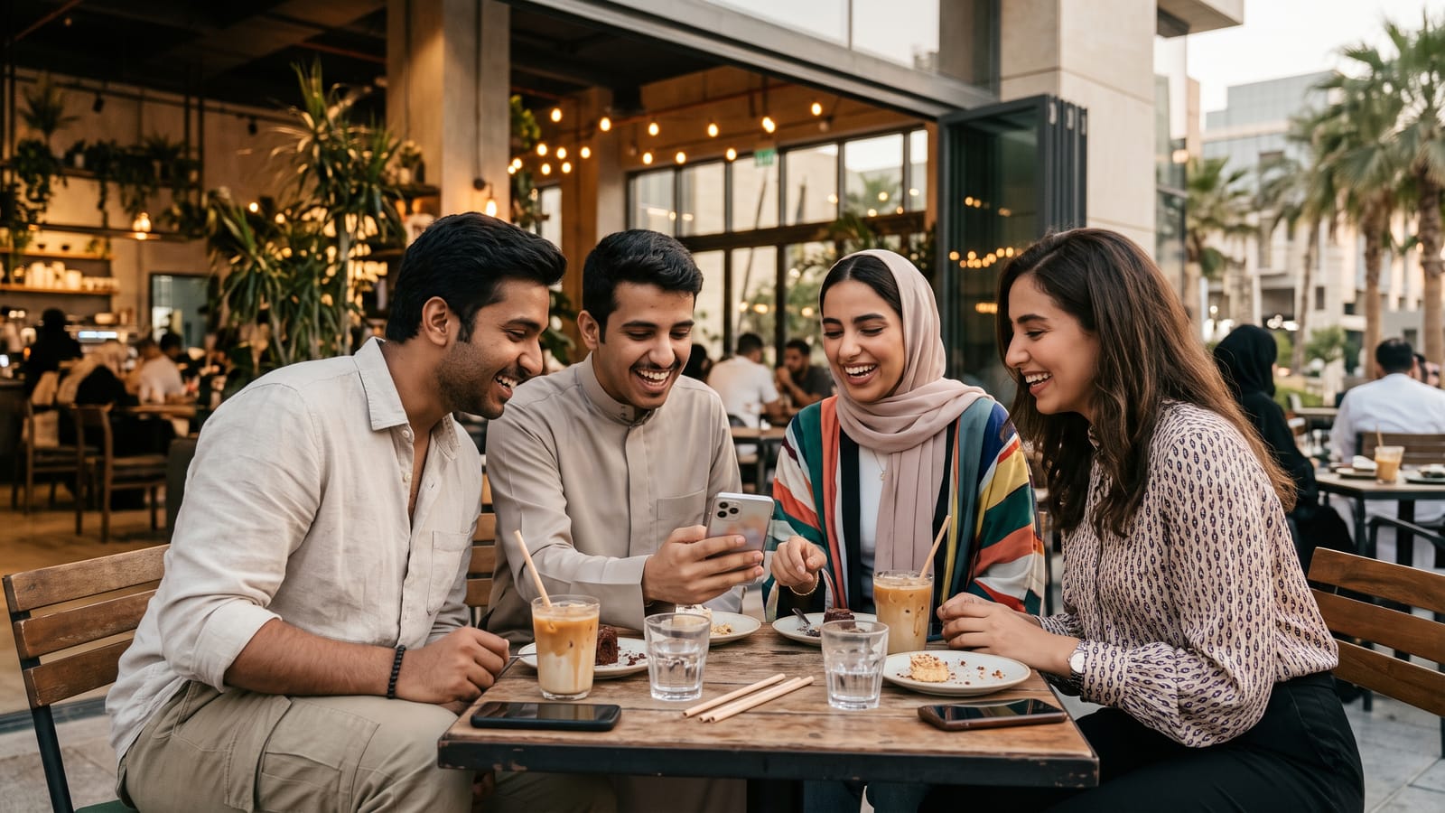Friends in a café sharing something on their phones and laughing