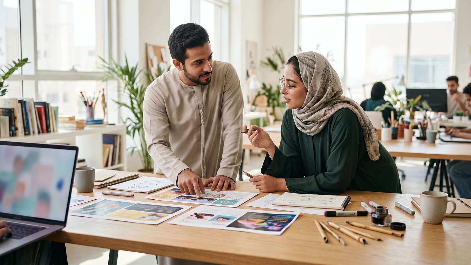 Two copywriters reviewing printed ad layouts together in a creative studio