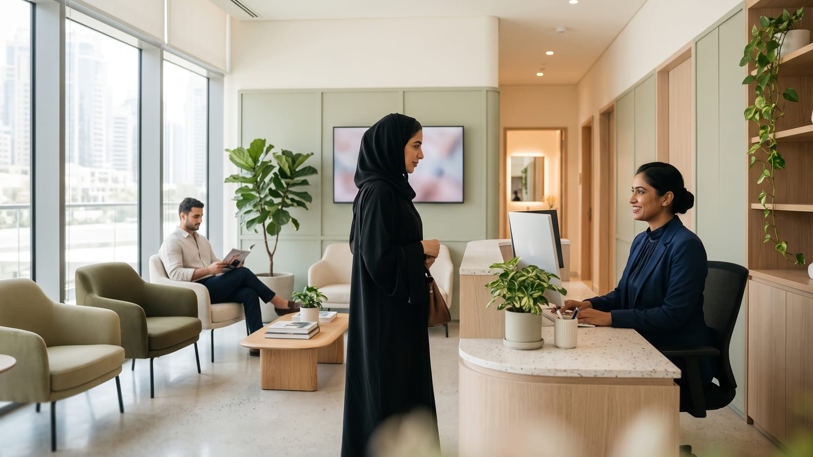 Welcoming reception desk of a modern clinic in Dubai