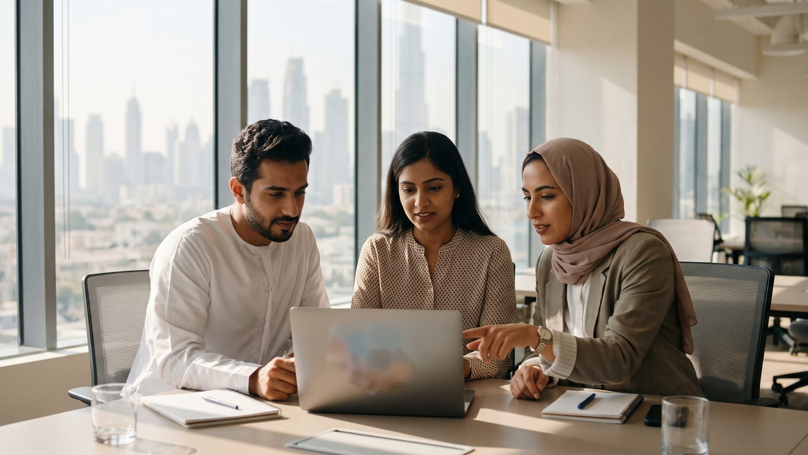 Small sales team reviewing their pipeline together on a laptop in a Dubai office