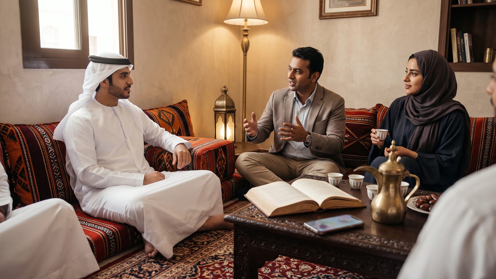 Open book and smartphone beside an Arabic coffee pot in a majlis