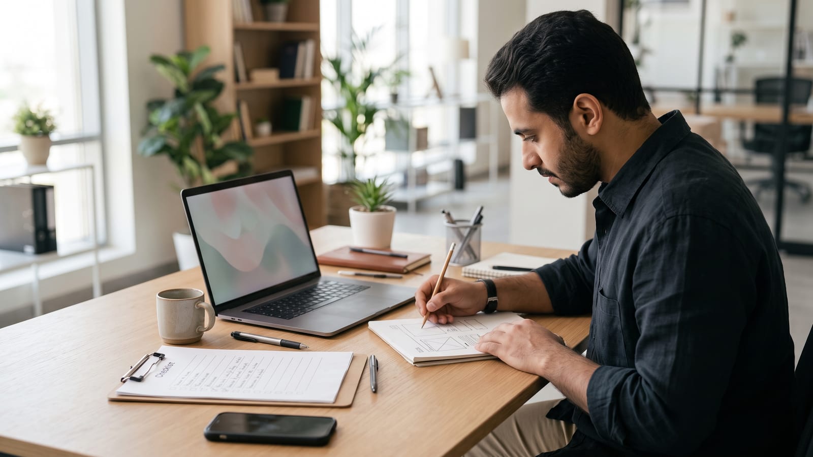 Designer sketching landing page layouts beside a laptop and a checklist