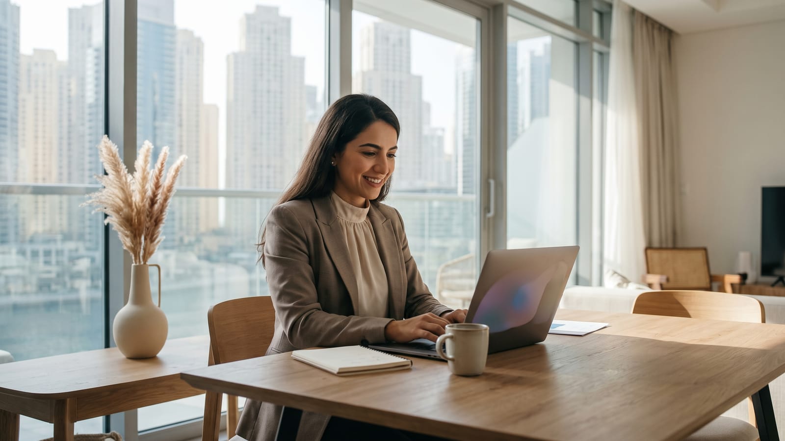 Real estate agent following up with clients by email in a bright show apartment