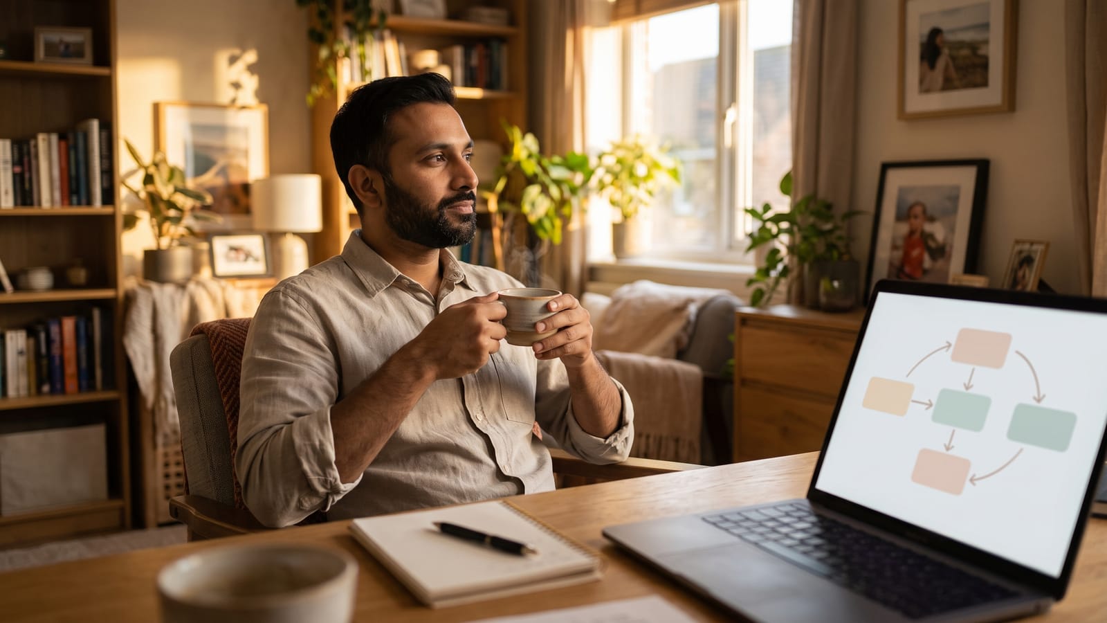 Business owner relaxing with tea while automations run on the laptop