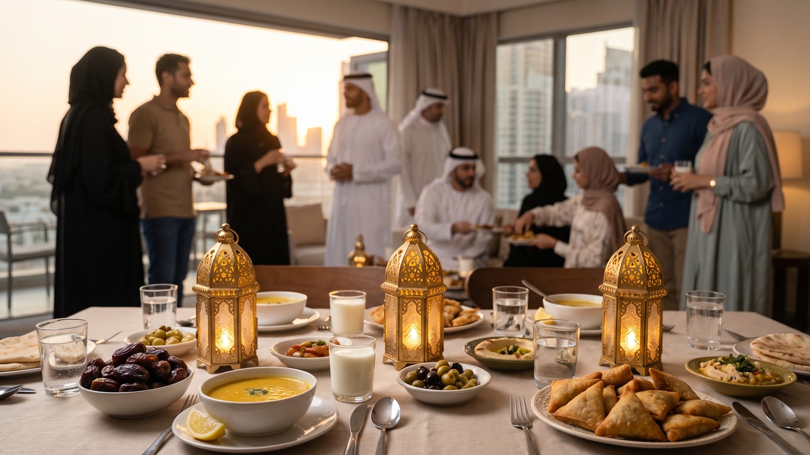 Iftar table at sunset with dates and glowing Ramadan lanterns