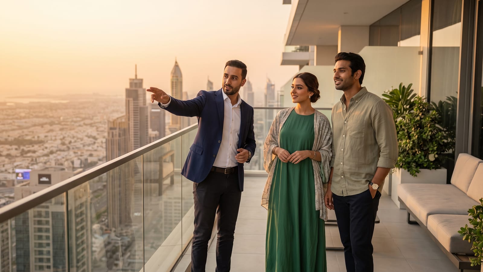Agent showing a couple the city view from a Dubai apartment balcony at sunset