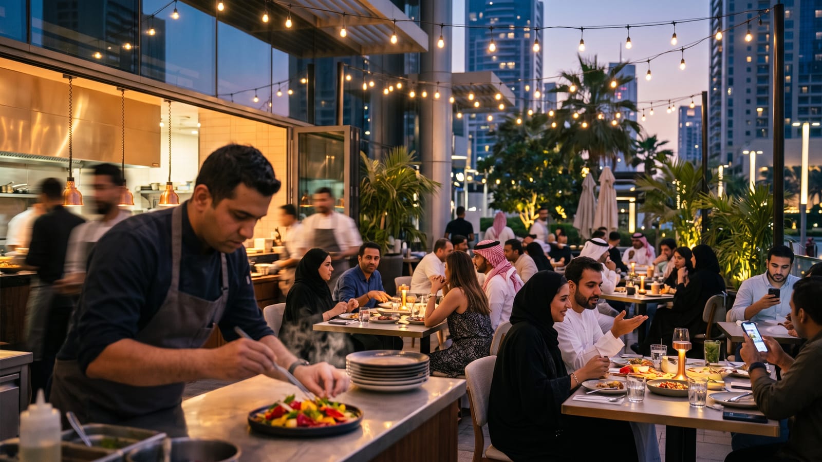 Busy restaurant terrace in Dubai at dusk with a chef plating a dish