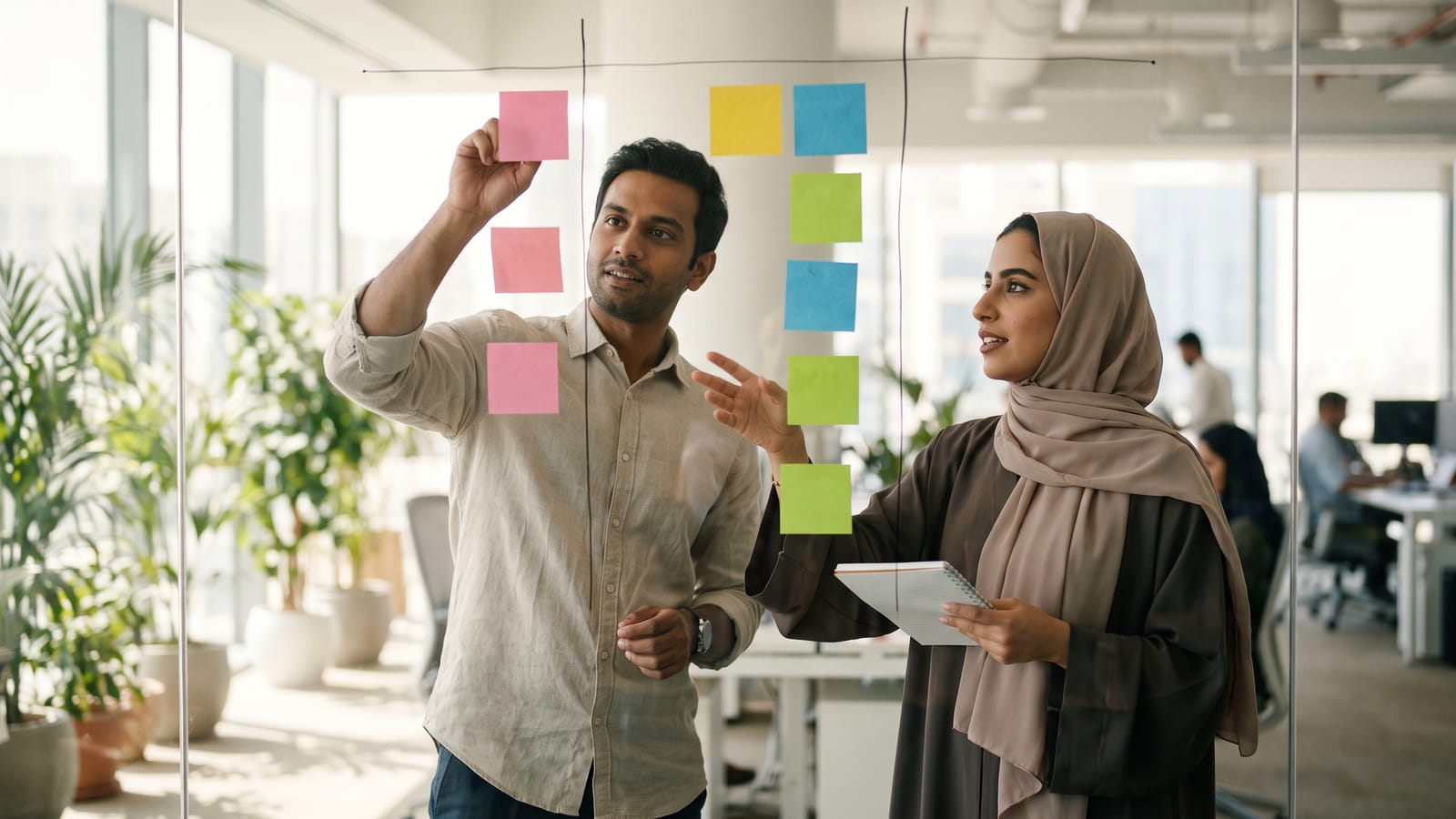 Colleagues moving sticky notes across columns of a sales pipeline on a glass wall