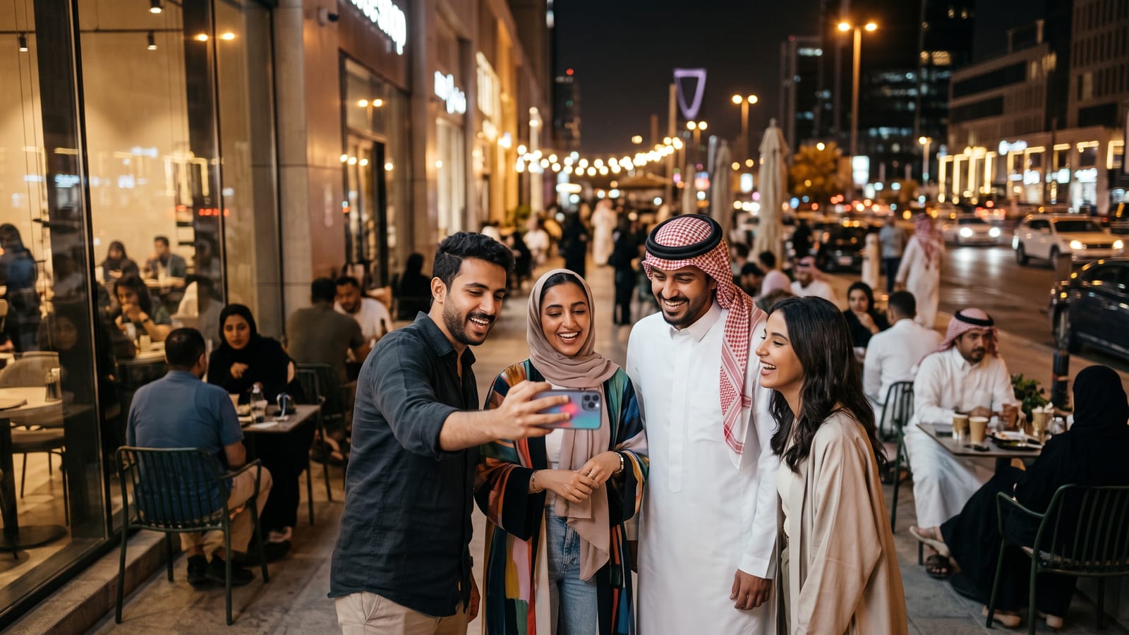 Young friends recording a selfie video outside a Riyadh coffee shop at night