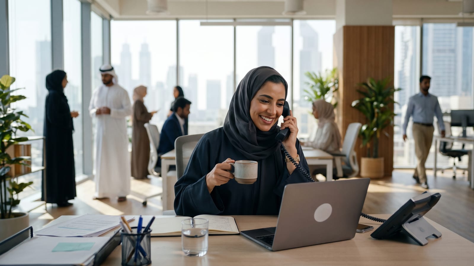 Business owner answering a new customer's call straight away at her desk